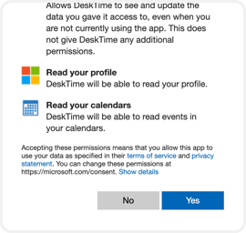 Log into your Microsoft account and press Yes to allow DeskTime to access your calendar