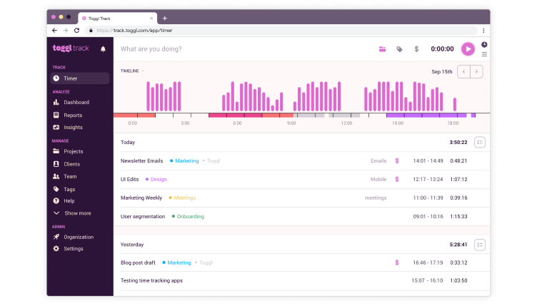 Screenshot of Toggl employee time tracking software